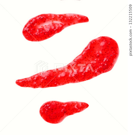 Splashes and stains raspberry jam isolated on white background, top view. raspberry jam smear isolated, top view. 132215509