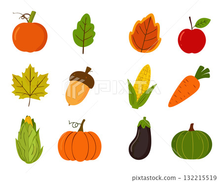 Icon set of various vegetables and autumn leaves 132215519
