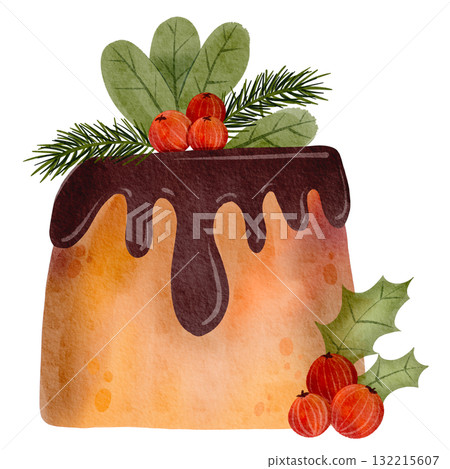 Christmas Fruit Chocolate Cake. Christmas cake decorated with chocolate icing, holly, and red berries. Winter holiday fruitcake, fruit dessert. Watercolor illustration. 132215607