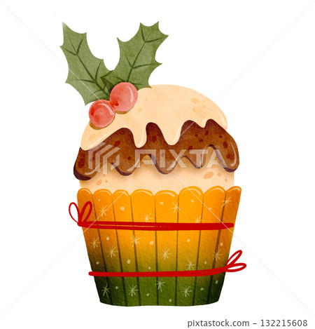 Christmas chocolate cupcake. Christmas cake decorated with icing, holly, and red berries. Winter holiday fruitcake, fruit dessert. Watercolor illustration. Christmas chocolate cupcake. Christmas cake decorated with icing, holly, and red berries. Winter holiday fruitcake, fruit dessert. Watercolor illustration. 132215608