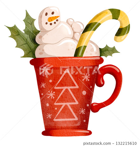 Cup of hot chocolate with marshmallows. Mug with hot beverage and decoration for wintertime season holidays. Autumn and winter hot drink. Watercolor illustration 132215610
