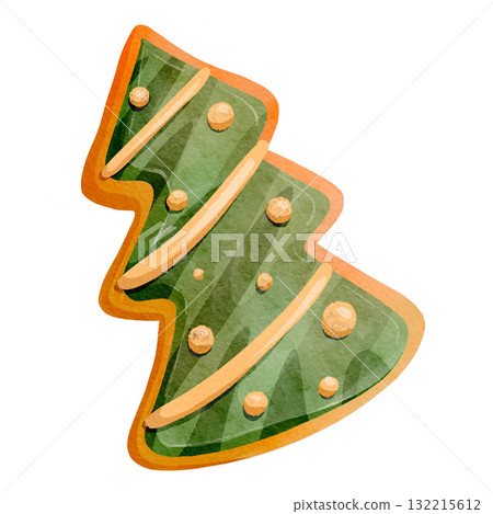 Christmas tree-shaped cookies isolated on a background. Watercolor illustration. New Year's sweet dessert with icing. Homemade Christmas sweets. Traditional holiday treats or gingerbread. 132215612
