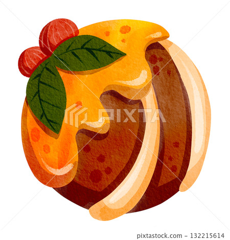 Festive chocolate dessert. Christmas cookies decorated with icing, holly, and red berries. Winter holiday fruitcake. Watercolor illustration. Festive chocolate dessert. Christmas cookies decorated with icing, holly, and red berries. Winter holiday fruitcake. Watercolor illustration. 132215614