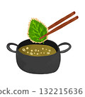 煎鍋與紫蘇葉天婦羅水彩手繪插圖 132215636