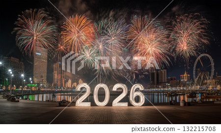 Night view composition of city fireworks and the number 2026 in the center 132215708