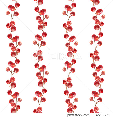 Christmas festive seamless pattern with red berries stem watercolor illustration. Hand drawn New Year festive background with floral elements for gift wrapping, seasonal textile design 132215739