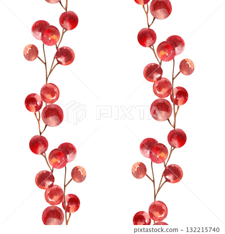 Christmas festive seamless pattern with red berries stem watercolor illustration. Hand drawn New Year festive background with floral elements for gift wrapping, seasonal textile design Christmas festive seamless pattern with red berries stem watercolor illustration. Hand drawn New Year festive background with floral elements for gift wrapping, seasonal textile design 132215740