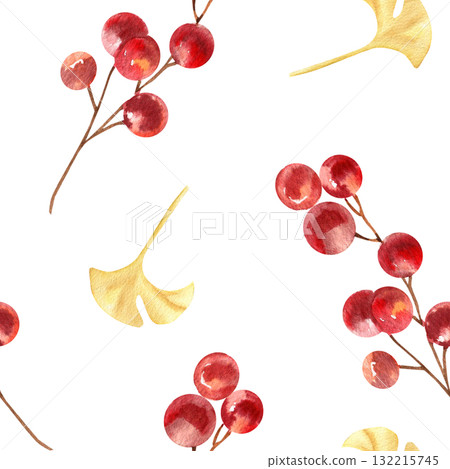 Red berries and golden gingko leaves watercolor seamless pattern. Hand drawn New year and Christmas festive background with floral elements, Chinese lunar calendar clipart for packing design 132215745