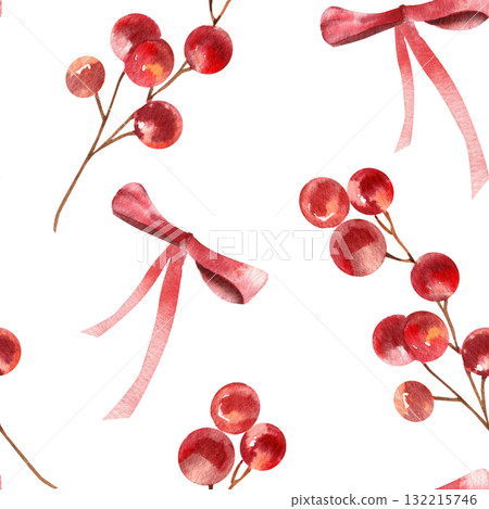 Christmas and New year watercolor seamless pattern with red berries stem and festive bow watercolor illustration. Hand drawn festive winter season background with floral elements for wrapping Christmas and New year watercolor seamless pattern with red berries stem and festive bow watercolor illustration. Hand drawn festive winter season background with floral elements for wrapping 132215746