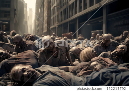 Zombie horde sleeping on a city street at day time, neural network generated photorealistic image 132215792