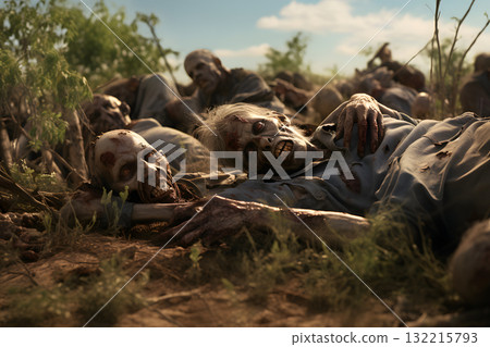 Group of zombies sleeping in open summer meadow at day time, neural network generated photorealistic image 132215793