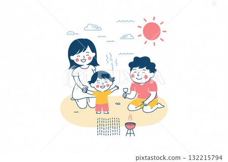 海洋日，一家人在沙灘上野餐玩耍 132215794