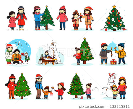 一組穿著聖誕服裝的兒童插圖 一組穿著聖誕服裝的兒童插圖 132215811