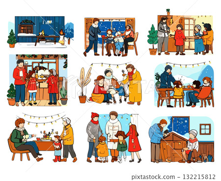 Winter family gathering illustration material set 132215812