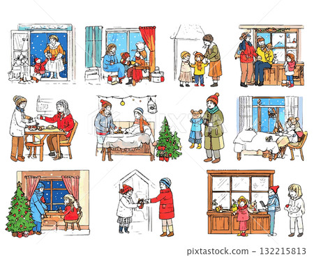 Winter family gathering illustration set 132215813