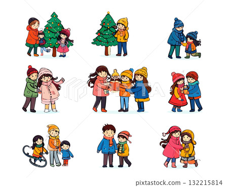 Family illustration enjoying winter and Christmas 132215814