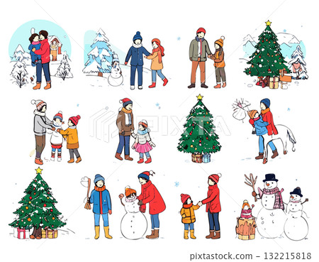 享受聖誕節和冬天的家庭插畫 132215818