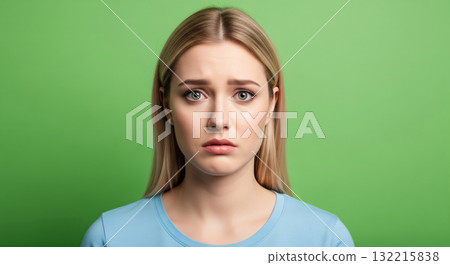 A photorealistic, high-detail, professional studio portrait of a stunning young woman. She has bright blonde hair and green eyes 132215838
