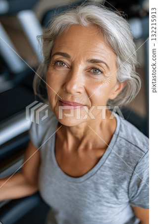 Mature woman with gray hair smiling gently in casual shirt Mature woman with gray hair smiling gently in casual shirt 132215913