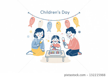 A family enjoying carp streamers and kashiwamochi on Children's Day A family enjoying carp streamers and kashiwamochi on Children's Day 132215988