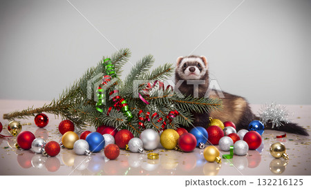 A domestic ferret among fir branches, Christmas tree balls and confetti on a light background. 132216125