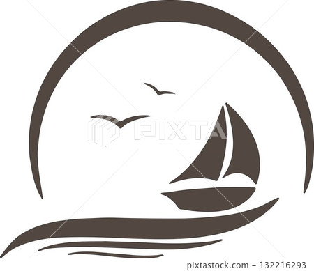Minimalist Sailboat Silhouette Over Waves With Birds In Circular Oceanic Scene Minimalist Sailboat Silhouette Over Waves With Birds In Circular Oceanic Scene 132216293