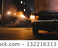 Bright car headlights illuminating the dark night road.AI Generated 132216313