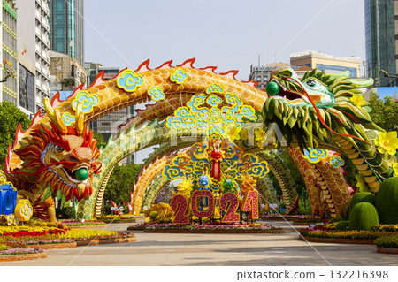 Decoration At Main Entrance With Twin Dragons In Nguyen Hue Flower Street Festival, Vietnam. 132216398