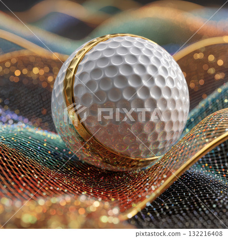 Golf ball with gold ring on colorful fabric with bokeh lights 132216408