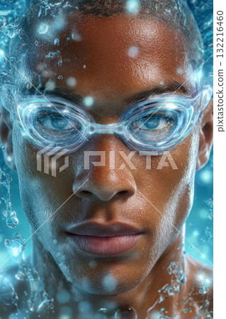 Close up of man wearing futuristic swimming goggles with water 132216460