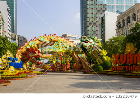 Decoration At Main Entrance With Twin Dragons In Nguyen Hue Flower Street Festival, Vietnam. Decoration At Main Entrance With Twin Dragons In Nguyen Hue Flower Street Festival, Vietnam. 132216479
