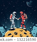 Two astronauts shaking hands on moon surface Two astronauts shaking hands on moon surface 132216590