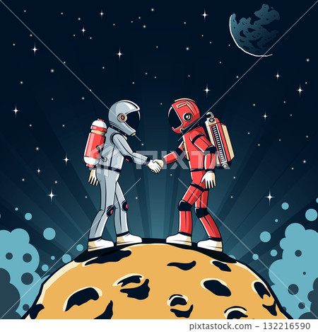 Two astronauts shaking hands on moon surface Two astronauts shaking hands on moon surface 132216590