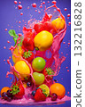 fruits with water splashes, on color background, fresh and healthy food 132216828