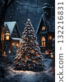 winter, fir tree decorated for Christmas or New Year's holiday, a house in dark night forest, snow, streetlights, festive environment 132216831