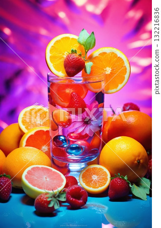 cocktail with fruits and water splashes, on color background, fresh and healthy food cocktail with fruits and water splashes, on color background, fresh and healthy food 132216836