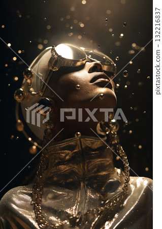 elaborate female dress with shiny gold head pieces and glasses, in the style of afrofuturism, mechanical realism, angelcore, captivating gaze, historical genre scenes elaborate female dress with shiny gold head pieces and glasses, in the style of afrofuturism, mechanical realism, angelcore, captivating gaze, historical genre scenes 132216837