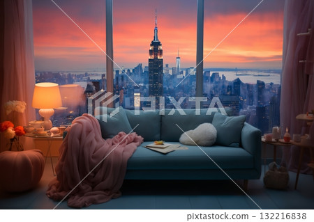 modern interior of a living room in an apartment, furniture, a table and sofa and pillows, a beautiful view outside the window of a modern metropolis with skyscrapers at sunset modern interior of a living room in an apartment, furniture, a table and sofa and pillows, a beautiful view outside the window of a modern metropolis with skyscrapers at sunset 132216838