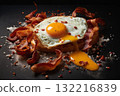 fried eggs with bacon and herbs, delicious breakfast, still life on a dark background 132216839