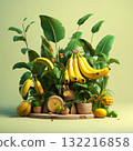 wooden cask full of bananas and other tropical fruits on a green background 132216858