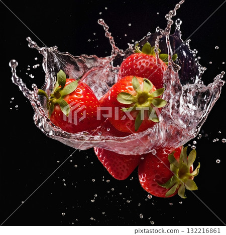 strawberries with water splashes, fresh and healthy food 132216861
