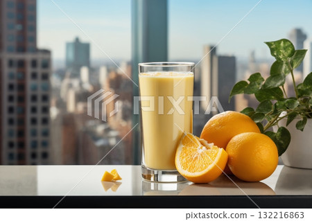 a glass of orange juice and sliced oranges on the windowsill, a beautiful view outside the window of a modern metropolis with skyscrapers, a bright sunny day 132216863