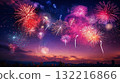 fireworks over night city sky, holiday background, bright colorful lights 132216866