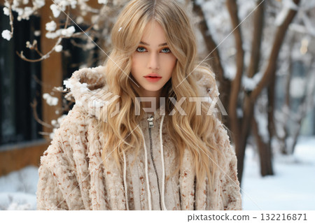 portrait of a beautiful happy woman enjoying winter season 132216871