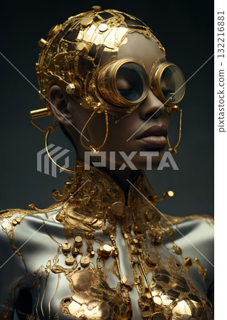 elaborate female dress with shiny gold head pieces, glasses and wires, in the style of afrofuturism, mechanical realism, angelcore, captivating gaze, historical genre scenes elaborate female dress with shiny gold head pieces, glasses and wires, in the style of afrofuturism, mechanical realism, angelcore, captivating gaze, historical genre scenes 132216881