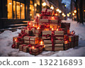 a lot of gifts in city street in winter, exteriors of the house are decorated for Christmas or New Year's holiday, street lights, a fairy-tale environment 132216893