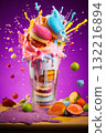 sweet dessert, ice cream with fruits on a colored background, delicious and beautiful food 132216894