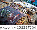 Paint-splattered table with art tools in a working studio. Creative chaos in a painter's environment. 132217204