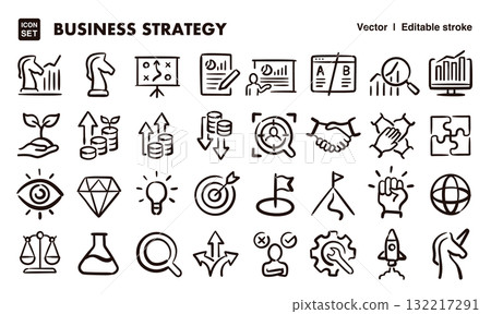 商業策略，手繪圖示插圖集。 EPS 版本可編輯以變更線條粗細等。 132217291