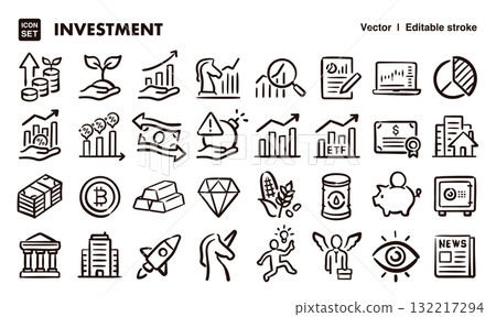 Investment and business hand-drawn icon illustration set. EPS version can be edited to change line thickness, etc. 132217294